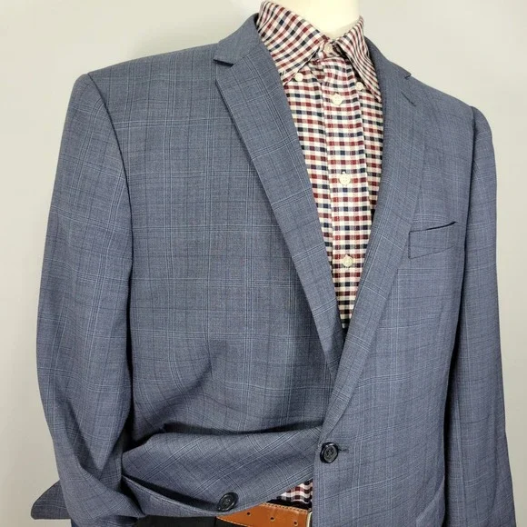 Egara Men's Sport Coat Blazer Two Button Navy Blue Plaid Wool Polyester Slim 50L